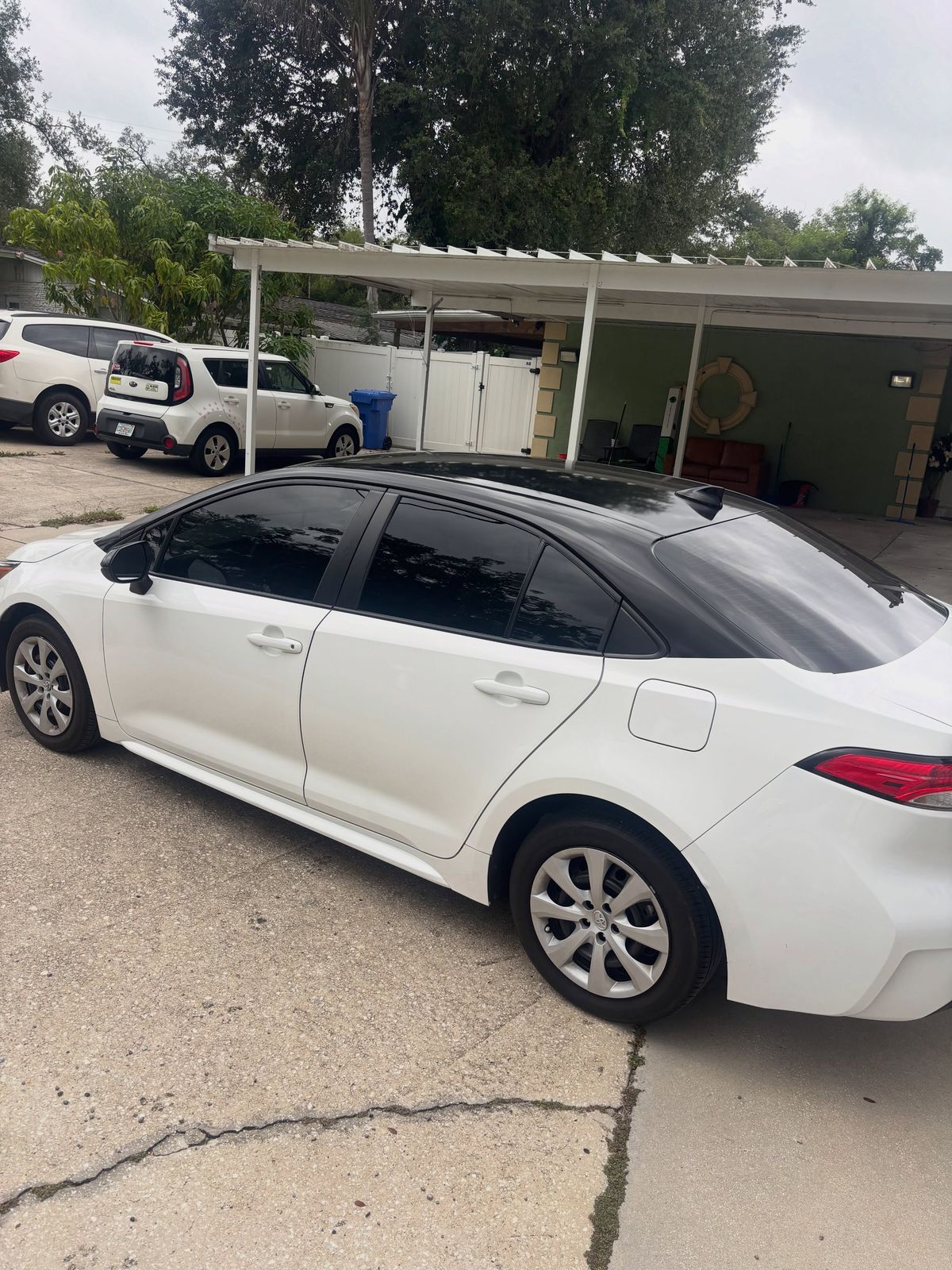 White Toyota Corolla with a gloss black roof wrap